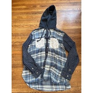 American Eagle Mixed Plaid Hooded Flannel Shirt Blue Floral Pockets XS